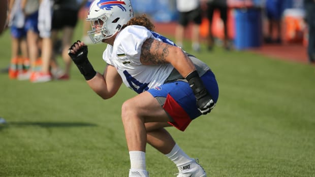 Offensive lineman Garrett McGhin works on technique. Jg 072619 Bills 15  